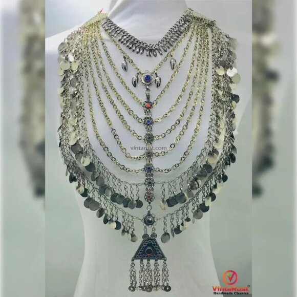 Handmade Kuchi Bib Necklace: Afghan Silver Tribal Jewelry - Picture 1 of 9